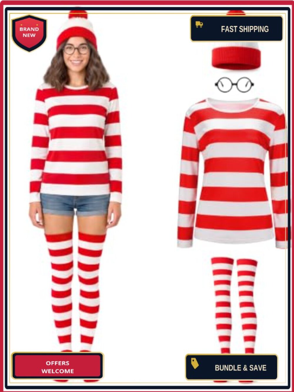 Women's Halloween Costume Set Striped Shirt Hat Glasses Socks Cosplay